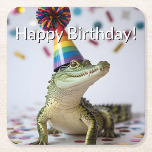 Porta-copo De Papel Quadrado Crocodilo Usando um Chapéu de Aniversário com List
