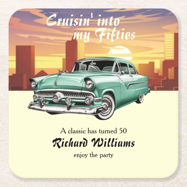 Porta-copo De Papel Quadrado Cruising Classic Retro Car City 50th Birthday (Frente)