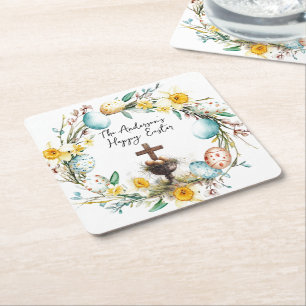 Porta-copo De Papel Quadrado Cruz com ovos decorativos I Páscoa floral