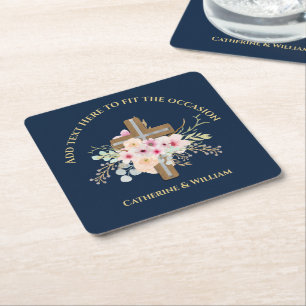 Porta-copo De Papel Quadrado Cruz Floral Personalizada para Batismo & Crisma