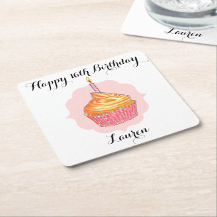 Porta-copo De Papel Quadrado Cupcake Rosa de Aniversário Personalizado