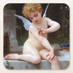Porta-copo De Papel Quadrado Cupido com borboleta, Bouguereau