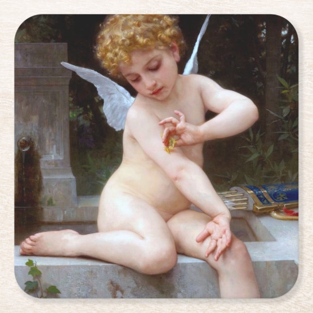Porta-copo De Papel Quadrado Cupido com borboleta, Bouguereau (Frente)