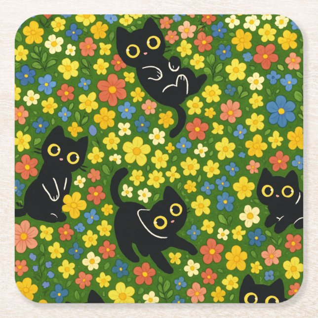 Porta-copo De Papel Quadrado Cute Black Cats Floral Meadow Pattern (Frente)