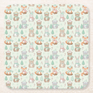 Porta-copo De Papel Quadrado Cute Christmas Animals Seamless Pattern