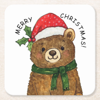 Porta-copo De Papel Quadrado Cute christmas bear with santa hat