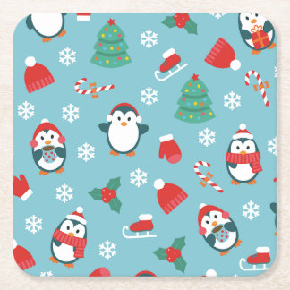 Porta-copo De Papel Quadrado Cute Christmas Penguins Pattern