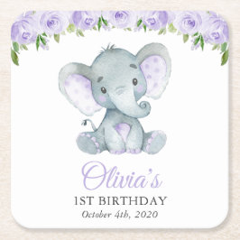Porta-copo De Papel Quadrado Cute Elephant, Purple Flowers, First Birthday