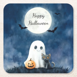 Porta-copo De Papel Quadrado Cute Fantasma e Gato Preto no Halloween