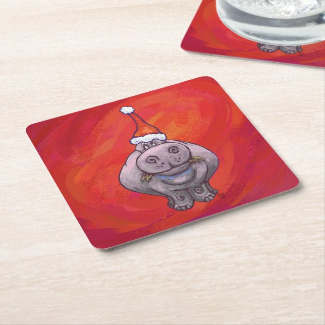 Porta-copo De Papel Quadrado Cute Hippo em Santa Hat em Vermelho (Inclinado)