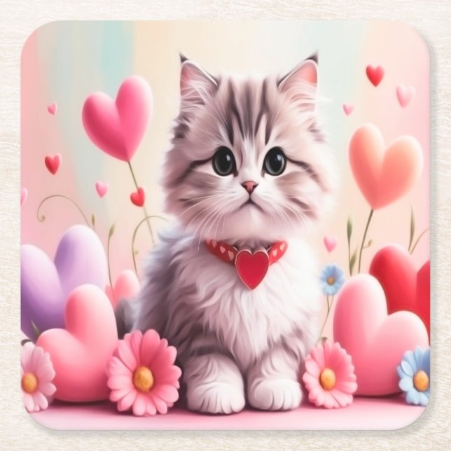 Porta-copo De Papel Quadrado Cute kitten hearts flowers (Frente)