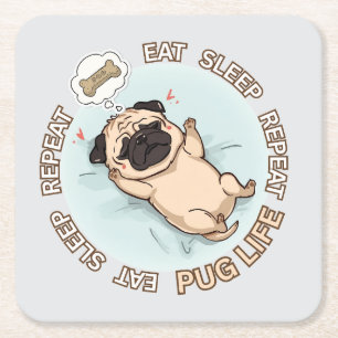 Porta-copo De Papel Quadrado Cute Sleeping Pug Paper Coaster Comer Dormir Rep