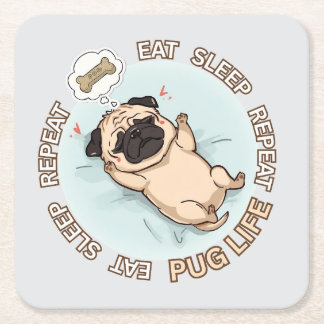Porta-copo De Papel Quadrado Cute Sleeping Pug Paper Coaster | Eat Sleep Repeat