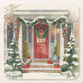 Porta-copo De Papel Quadrado Cute Snowy Christmas Porch