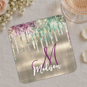 Porta-copo De Papel Quadrado Cute unicórnio dourado Monograma com respingos de