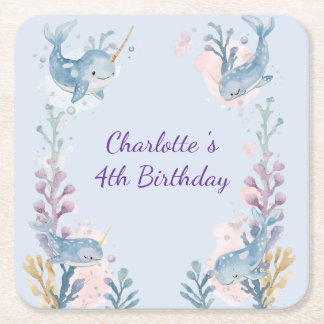 Porta-copo De Papel Quadrado Cute Watercolor Narwhal Whale fish Seamless Sea 