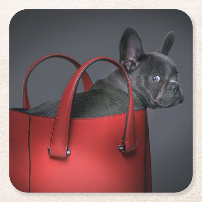 Porta-copo De Papel Quadrado Cutest Baby Animals | French Bulldog Red Hand Bag (Frente)