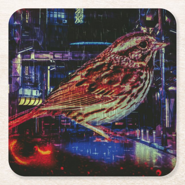 Porta-copo De Papel Quadrado Cyberpunk Sparrow em Neon Cityscape (Frente)