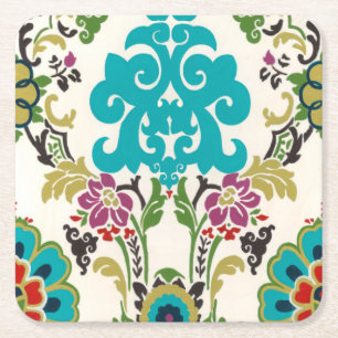 Porta-copo De Papel Quadrado Damask Floral Patternos Plum Turquoise