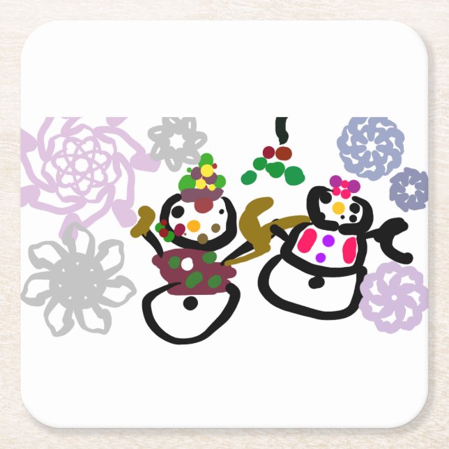 Porta-copo De Papel Quadrado Dance Snowman and Snowwoman (Frente)