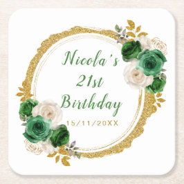 Porta-copo De Papel Quadrado Dark Green and Gold Elegant Flowers Birthday Party