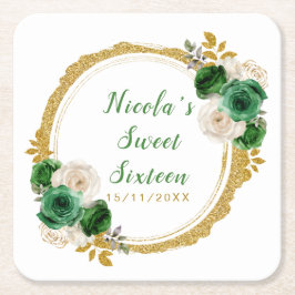 Porta-copo De Papel Quadrado Dark Green and Gold Elegant Flowers Sweet Sixteen