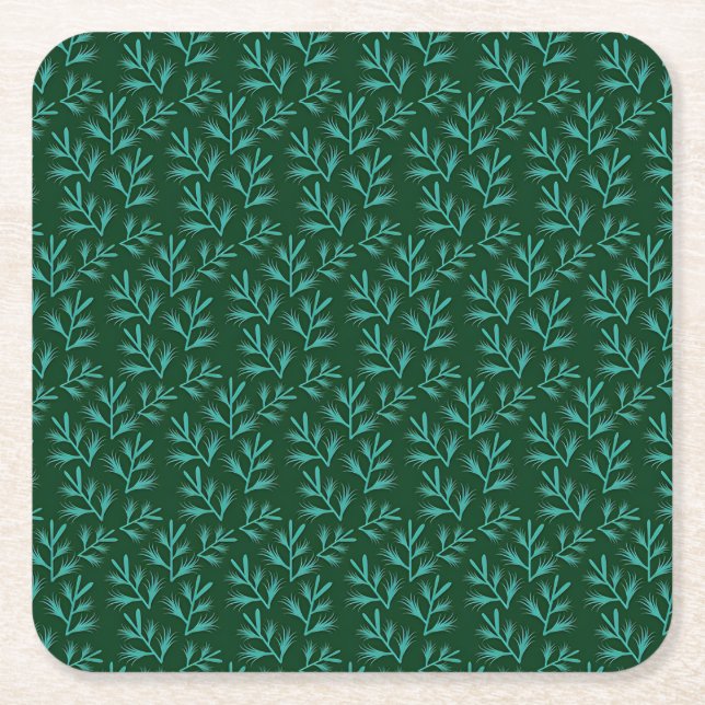 Porta-copo De Papel Quadrado  Dark Green Background with Teal Botanical Leaves (Frente)