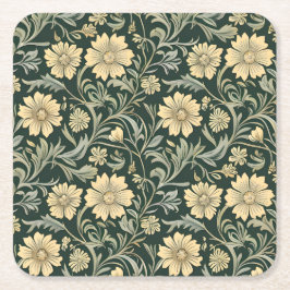 Porta-copo De Papel Quadrado Dark green stylized yellow flowers  pattern 