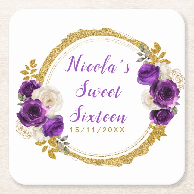 Porta-copo De Papel Quadrado Dark Purple and Gold Elegant Flower Sweet Sixteen (Frente)