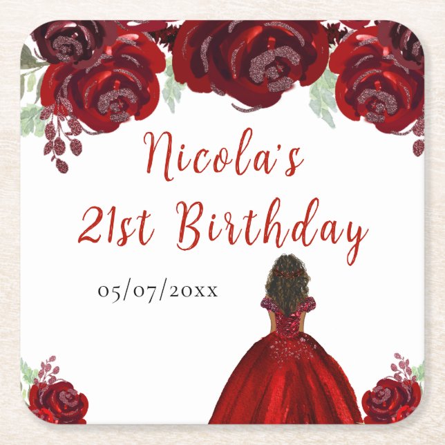 Porta-copo De Papel Quadrado Dark Skin Princess Red Floral Birthday (Frente)