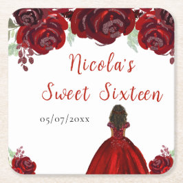 Porta-copo De Papel Quadrado Dark Skin Princess Red Floral Sweet Sixteen
