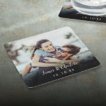 Porta-copo De Papel Quadrado Data do Nome do Script de Fotografia Personalizado<br><div class="desc">Personalize com sua foto favorita com seus nomes e o ano,  criando uma memória única para seus convidados de casamento. Projetado por Thisnotme©</div>