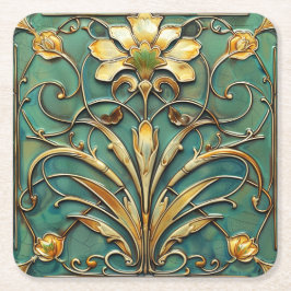 Porta-copo De Papel Quadrado Deco Belo Lírio Turquesa Verde Dourado