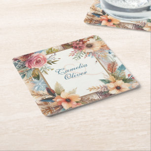 Porta-copo De Papel Quadrado Decoração Floral Máxima de Casamento Vintage