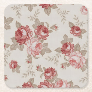 Porta-copo De Papel Quadrado Decoupage de Rosa Clássica Vermelha e Bege Heritag