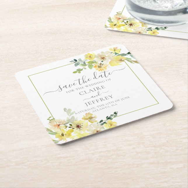 Porta-copo De Papel Quadrado Delicar Verde Floral Amarelo Salve a Data (Inclinado)