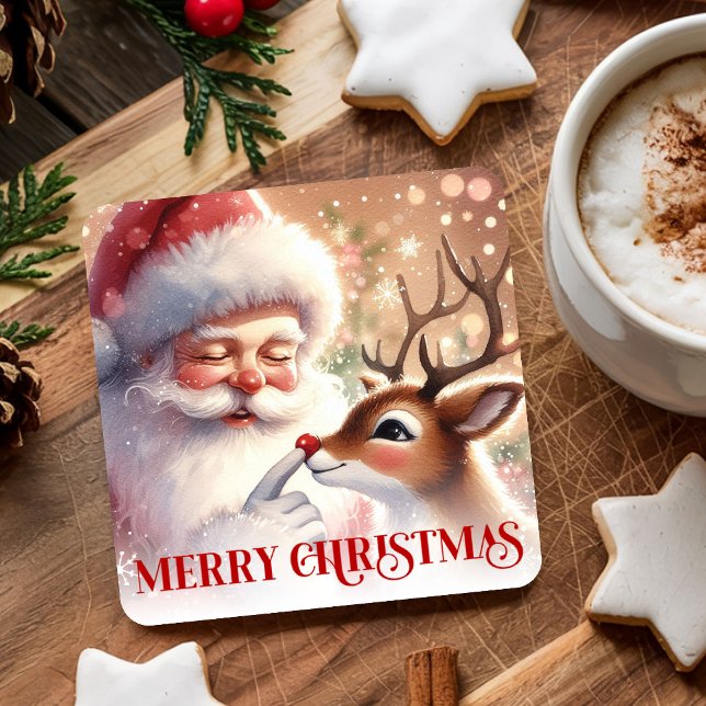 Porta-copo De Papel Quadrado Delightful Santa and Rudolph Christmas Paper  (Delightful Santa and Rudolph Christmas Paper Coasters)