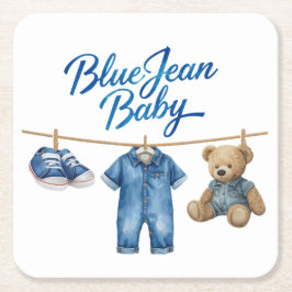 Porta-copo De Papel Quadrado Denim Bear Clothesline Boy Blue Jean Chá de fralda