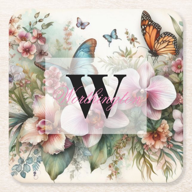 Porta-copo De Papel Quadrado Denominação Monograma Flores tropicais folhas aqua (Frente)