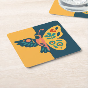 Porta-copo De Papel Quadrado Desenho caprichoso de borboleta e beija-flor