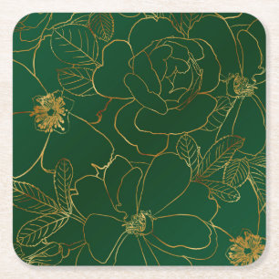 Porta-copo De Papel Quadrado Desenho de linha flexível dos Rosas Dourados verde