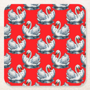 Porta-copo De Papel Quadrado Desenho de padrão de aves cisne em vermelho