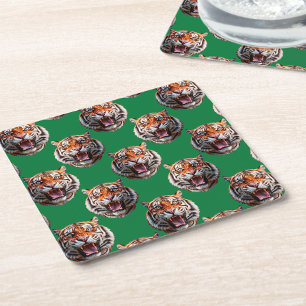 Porta-copo De Papel Quadrado Desenho de padrão de cabeça de tigre verde