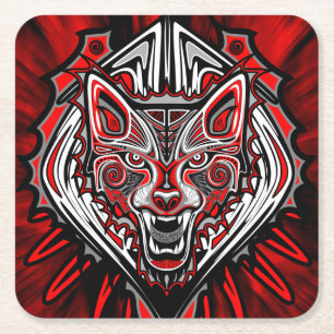Porta-copo De Papel Quadrado Desenho de Totem Tribal Haida de Lobo