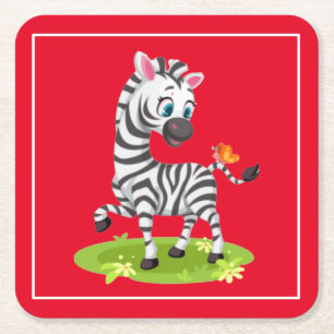 Porta-copo De Papel Quadrado Desenho de Zebra Bebê Brincando com Borboleta