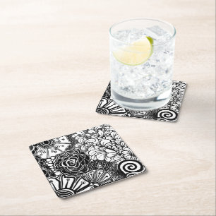 Porta-copo De Papel Quadrado Desenho Floral Padrão De Zen Preto E Branco