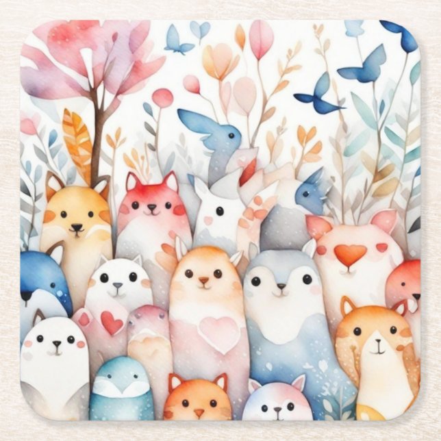 Porta-copo De Papel Quadrado Design bonitinho de animais florais (Frente)