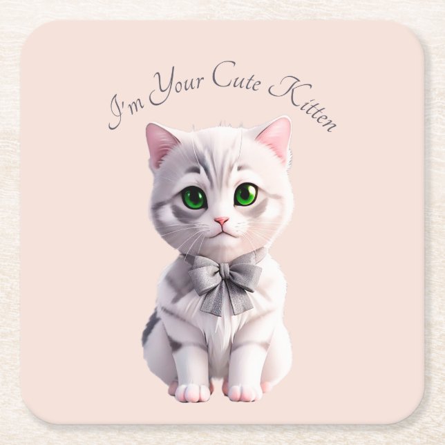 Porta-copo De Papel Quadrado Design com gatinha de cinza fofa (Frente)