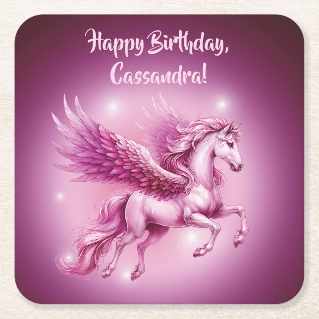 Porta-copo De Papel Quadrado Design de Birthday Pink Pegasus Fantasy (Frente)