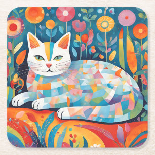 Porta-copo De Papel Quadrado Design de Gato Geométrico Colorida, Felino Abstrat